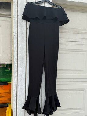 My Story Black Off-Shoulder Ruffle-Hem Jumpsuit